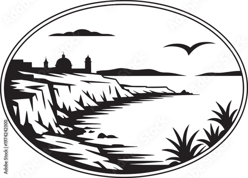 Coastal landscape silhouette with distant city and flying bird for travel and nature