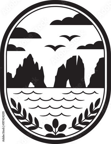 Coastal landscape with rocky cliffs, ocean waves, birds, and clouds for coast and sea