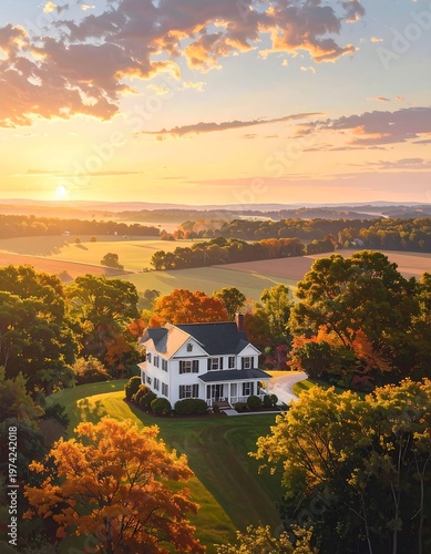 Aerial view of a large white house surrounded by trees