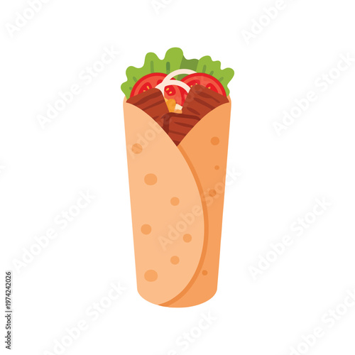 Shawarma Wrap Vector Illustration with Meat, Vegetables, and Flatbread on White Background