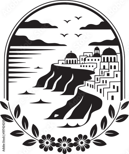 Coastal village scene with domed buildings and olive branch emblem in outline style