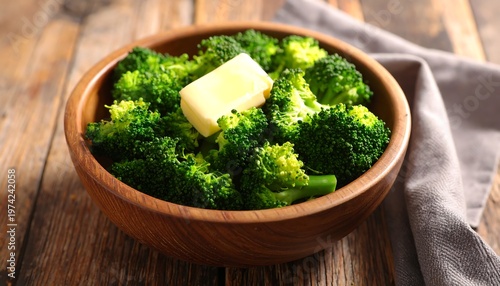 Steamed broccoli with butter in a wooden bowl on a table
