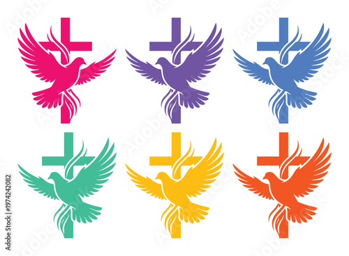 Christian cross and dove bird icons, colorful religious symbols set of 6 vectors, spiritual holy spirit and crucifix silhouettes for church branding