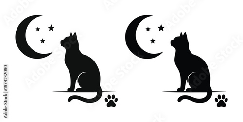 Black cat silhouette looking at crescent moon and stars, mystical feline vector illustration, nocturnal kitten profile with paw print icon