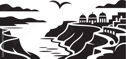 Coastal village with churches and sea under cloudy sky and flying bird silhouette in outline style