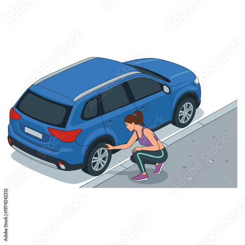 Woman changing a car tire on a city street curb