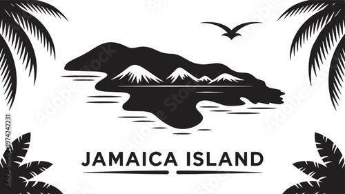 Silhouette of tropical island landscape with palm trees and bird in flight in outline style