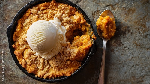 nutmeg. Pumpkin dump cake with ice cream on a stone table, rustic aesthetic. symbolizing life milestones and joyful moments, menu design, designed for culinary blogs and recipe cards for restaurants.