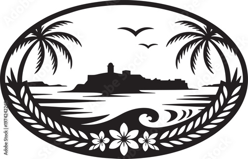 Tropical island landscape with palm trees, ocean waves and lighthouse illustration in outline style
