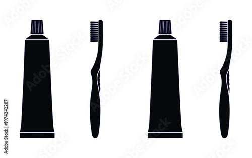 Black toothpaste tube and toothbrush vector set, charcoal dental care products, minimalist oral hygiene icons for bathroom branding and health design