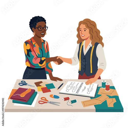 Two women shake hands over a table with crafting supplies and a contract