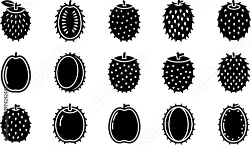 Black silhouettes of durian fruits and sections white background 1