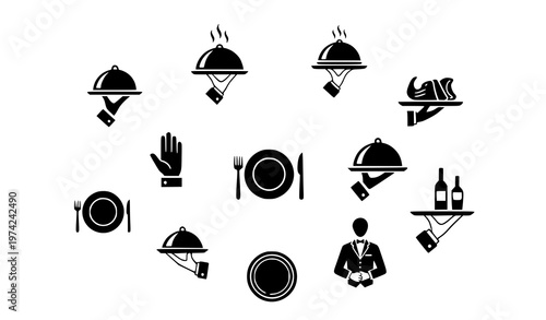 Restaurant and Waiter Service Icon Set with Food Serving Tray, Dining Symbols, Butler, and Catering Elements for Hospitality and Food Service Design