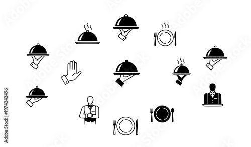 Restaurant Service and Waiter Icon Set with Serving Tray, Food Delivery, Butler, and Dining Symbols for Hospitality, Catering, and Food Service Design