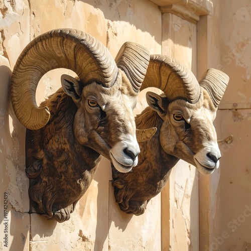 Two ram heads mounted on a stone wall with large curved horns