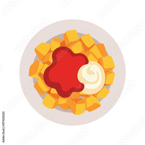 Spanish patatas bravas with sauces vector illustration, traditional tapas food icon