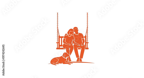 Couple and dog sitting on swing together minimalist illustration