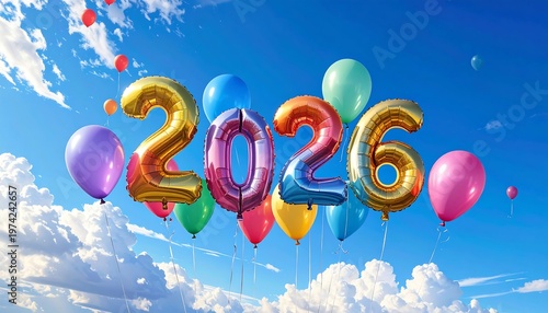 Colorful balloons in the shape of 2026 float in a bright blue sky