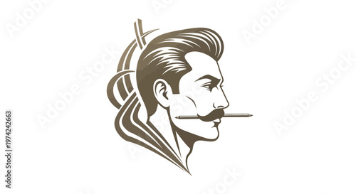 Creative man with mustache and pencil in mouth profile