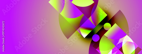 Abstract composition features vibrant purple, green hues. Geometric shapes overlap creating dynamic visual effect. Smooth gradients dominate.