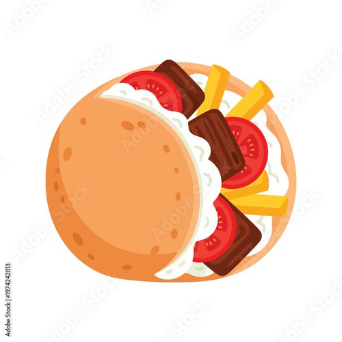 Greek gyro pita sandwich with fries and vegetables cartoon vector illustration isolated