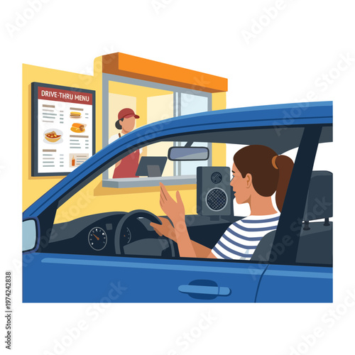 A woman drives up to a fast food drive-thru window and hands over her order.