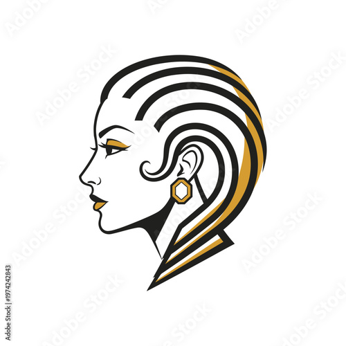 Elegant woman profile illustration with stylized hair and gold earring