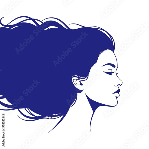 Elegant woman profile with long flowing blue hair