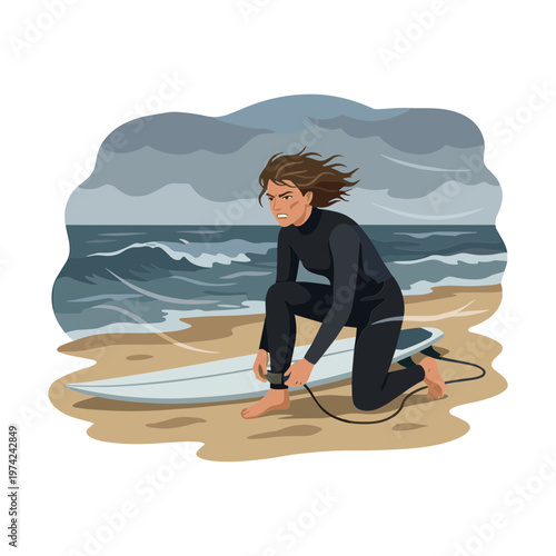 A surfer prepares to ride waves on a stormy day at the beach.