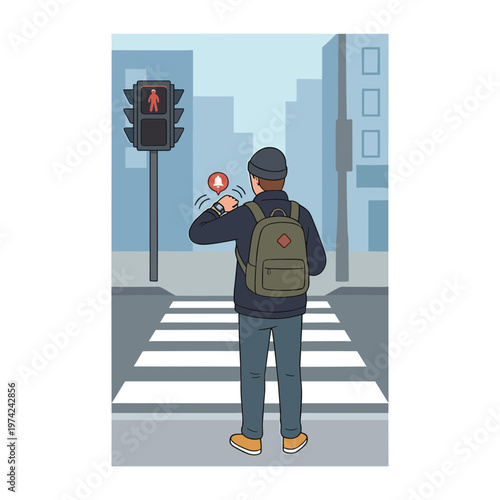 Man with backpack crossing street while looking at phone under traffic light