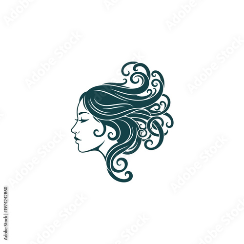 Elegant woman profile with flowing curly hair illustration