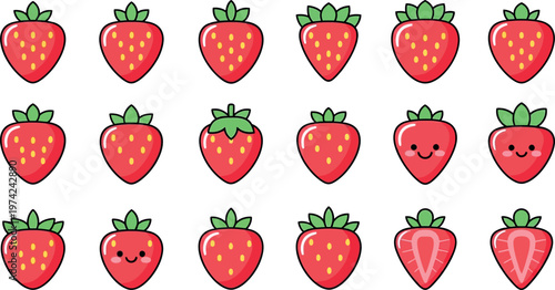 Cartoon strawberries with smiling faces on white background fruit