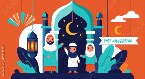 Eid Mubarak Celebration with Muslim Family and Mosque Architecture