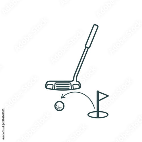 Golf putting shot icon with club, ball, and flag