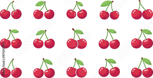 Red cherries with green leaves on white background fruit cherry pattern