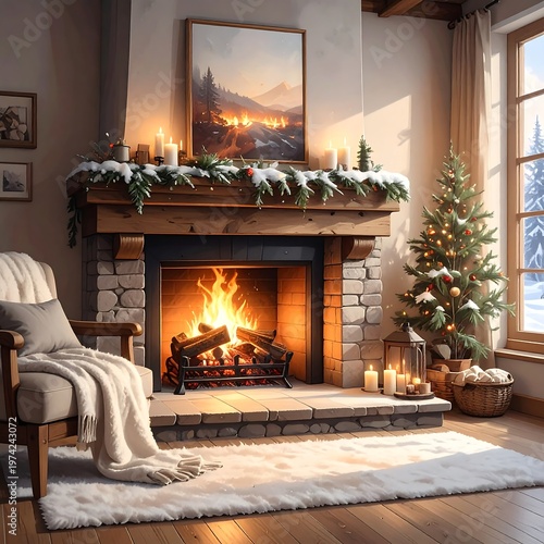 Cozy living room with fireplace and Christmas tree