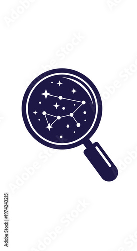 Magnifying glass showing constellation and stars on white background