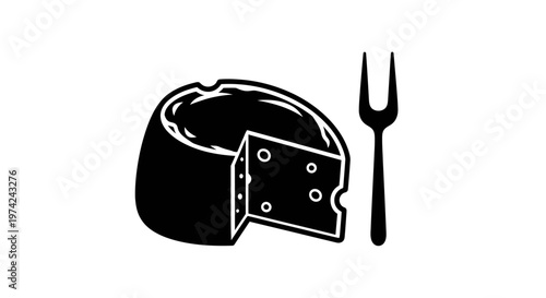 Minimalist black and white cheese wheel with slice and fork icon
