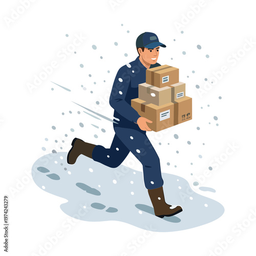 Delivery man runs quickly through snowy weather with stacked boxes
