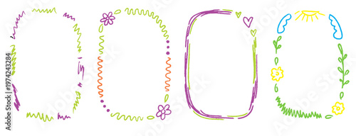 Soft hand drawn lines with light chalk texture and minimal style. Crayon kindergarten frame set for kids layouts and playful design.