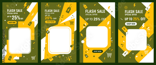 Four green and yellow flash sale banners with white squares are displayed