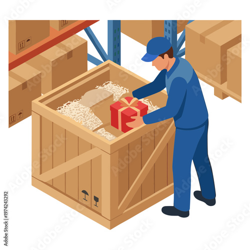 A worker carefully places a wrapped package into a wooden crate filled with packing materials in a warehouse.