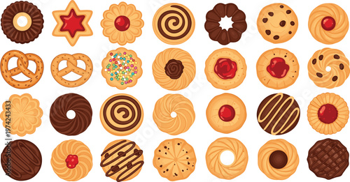 Delicious Cookie Set with Variety of Shapes, Toppings, and Flavors for Dessert, Bakery, and Food Related Projects