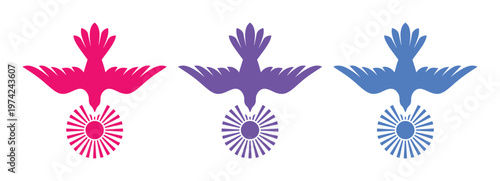 Religious holy spirit dove icons, set of 3 colorful bird silhouettes with sunburst halo, christian faith symbols for church branding and worship