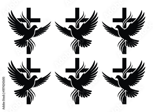 Christian cross with flying dove silhouette, religious bird and crucifix icons set, 6 black spiritual vector elements for church branding