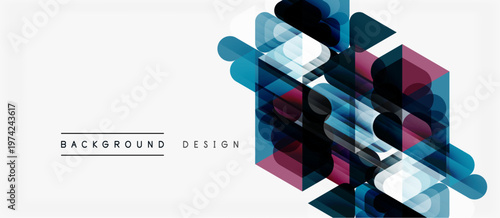 Abstract geometric shapes create modern design. Blue, teal, white hues blend, forming hexagonal pattern. Minimalist background offers clean aesthetic.