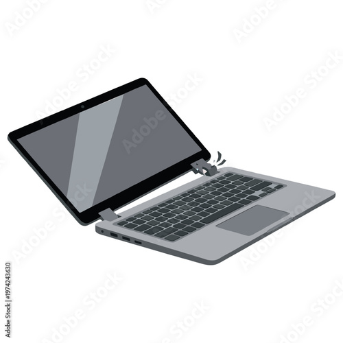 A sleek laptop bursts into pieces on a clean background