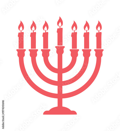 Hanukkah menorah vector icon, pink Jewish candelabra with seven burning candles, religious Chanukah symbol for holiday greeting cards and invitations