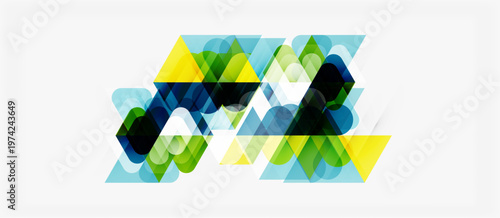 Abstract geometric shapes overlap, creating vibrant color transitions. Design features triangles, squares, rectangles, plus soft gradients.