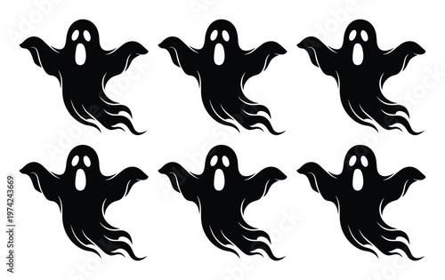 Spooky Halloween ghost silhouettes, set of 6 black flying spirit icons, creepy phantom vector elements for holiday party decor and graphic design